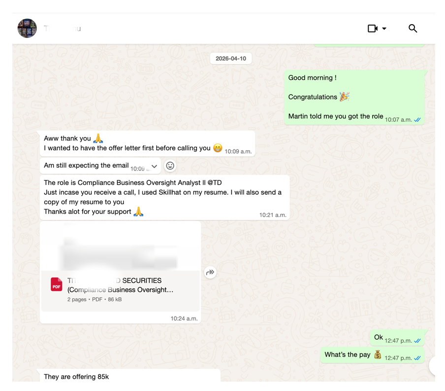 Email feedback on how the hands-on project helped in interviews