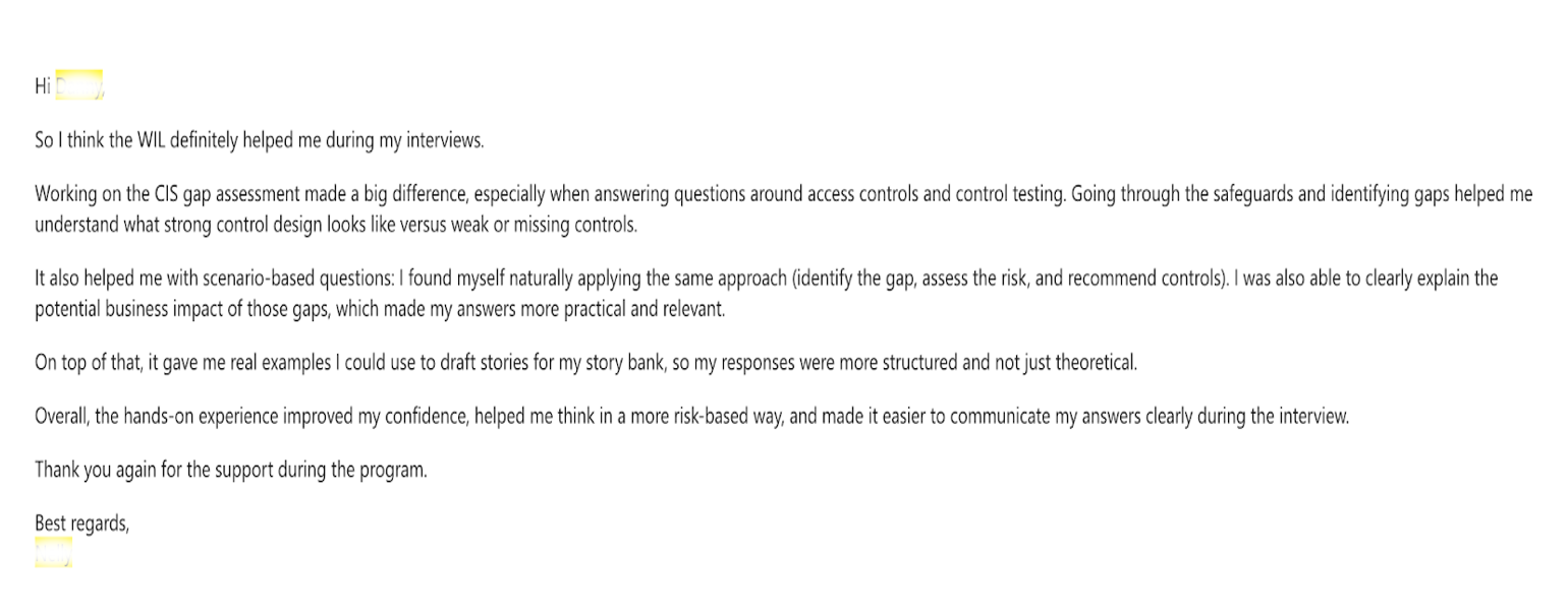 Participant sharing their new compliance analyst role