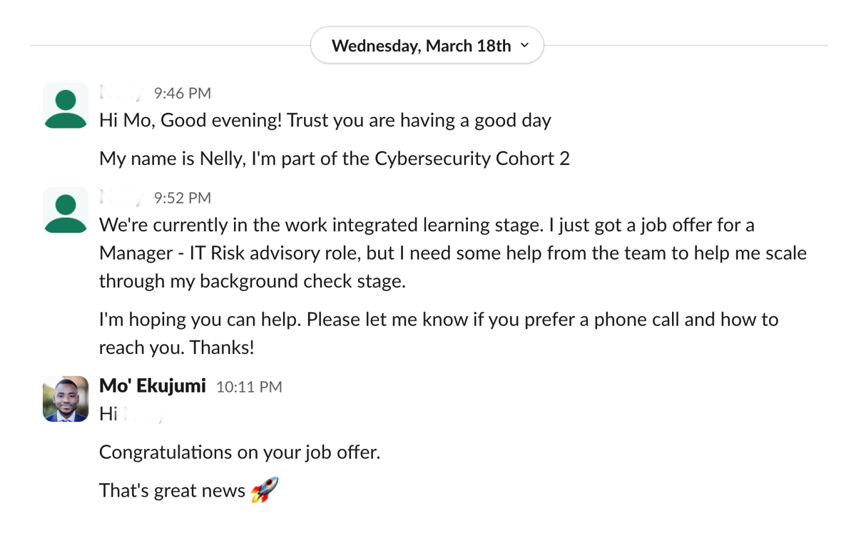 Job offer message from a GRC program participant